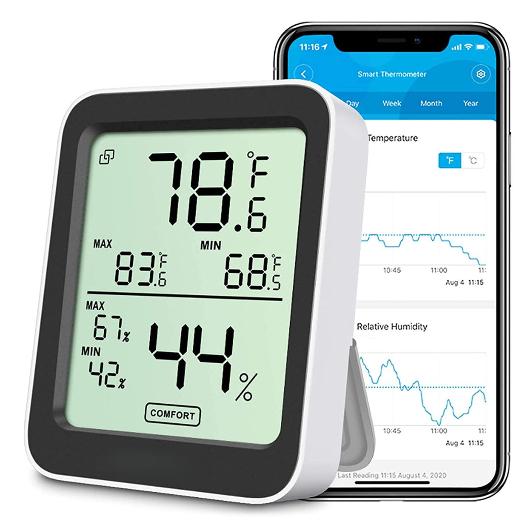 Digital Hygrometer Indoor Thermometer Room, Bluetooth Temperature Humidity Meter with 164ft Remote App Control, Notification Alerts