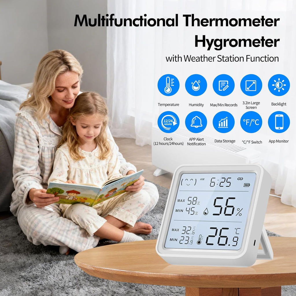 WiFi Thermometer Hygrometer, Wireless Indoor Humidity Monitor for Room, Smart Temperature Sensor with App Control, Large LCD Display with Light